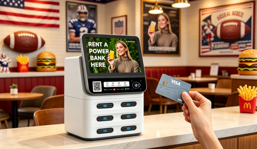 USA POS Power Bank device in a restaurant scene, supporting card and QR code rental